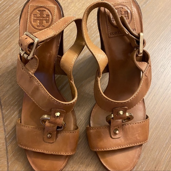 EUC Authentic TORY BURCH Brown Leather Slingback Chunky Heel Sandals Size 8M - Picture 2 of 8